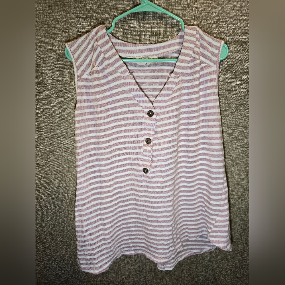 2XL Pink And White Striped Sleeveless Top with Buttons